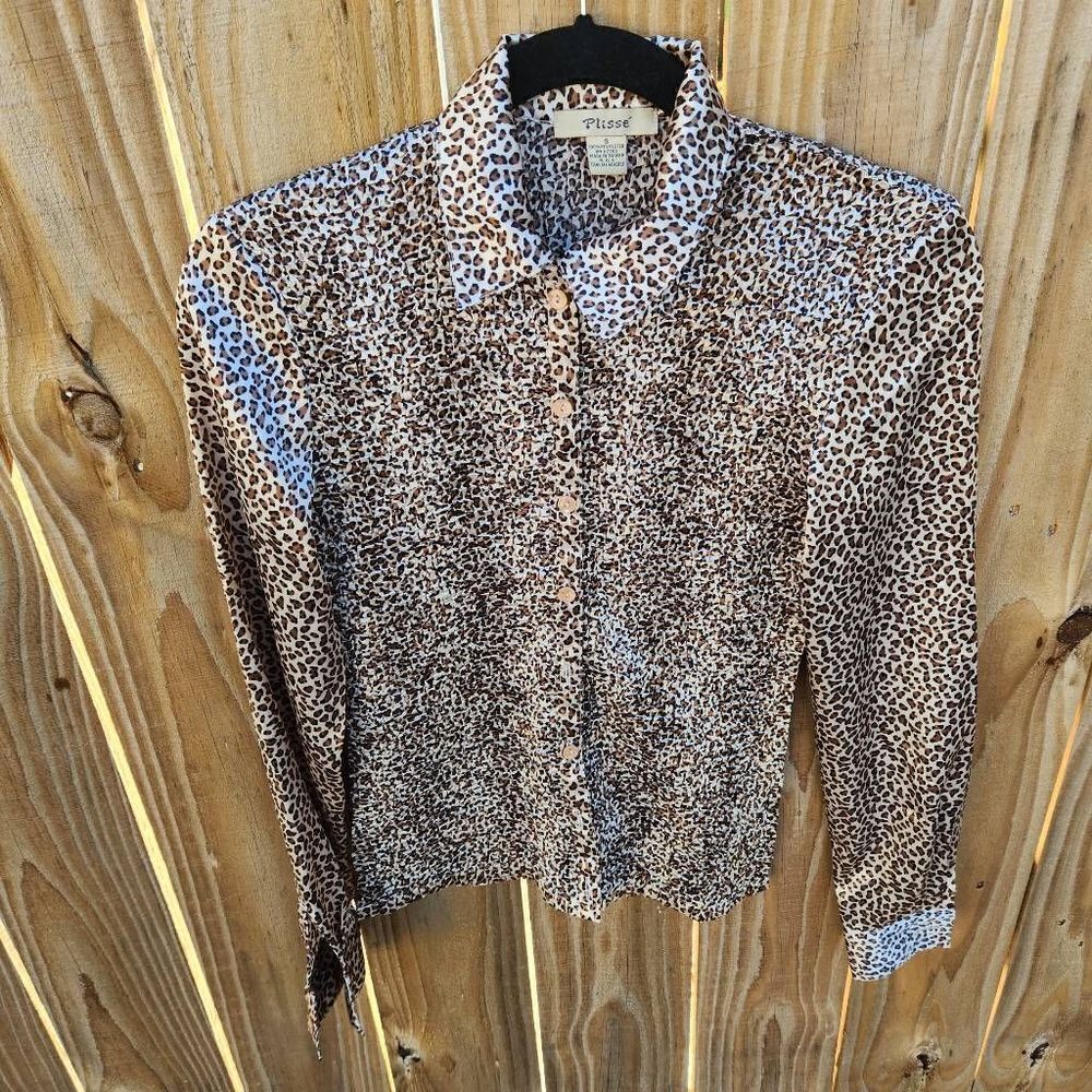 Leopard Pleated Smocked Button Down Collared Blouse Women's Small Plisse